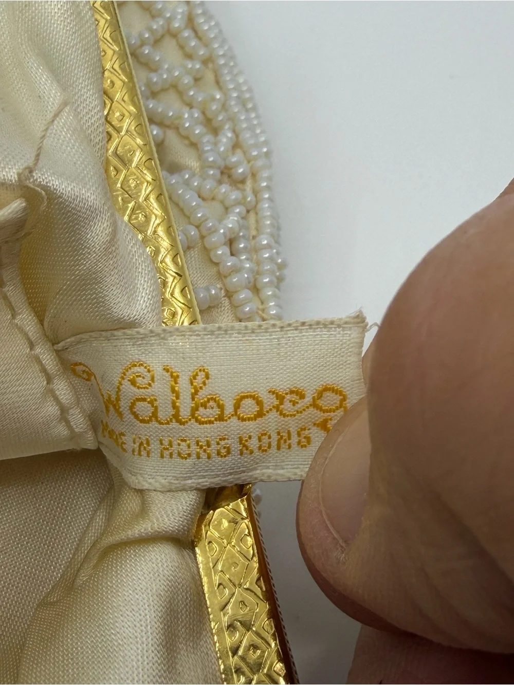 Walborg Ivory Beaded Satchel with Gold Frame and Chain